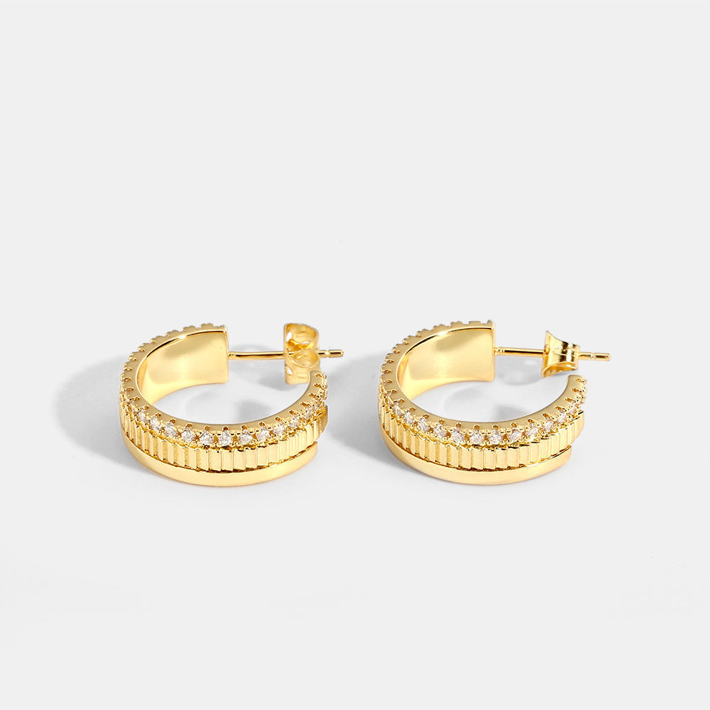New Ace Luxe 14K Gold Zircon Gear Hoop Earrings | Stylish Ribbed Gold Huggies with Cubic Zirconia Accents