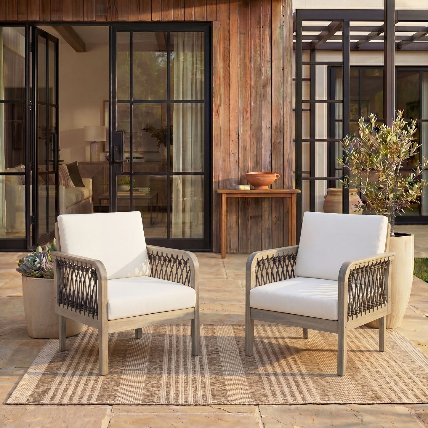 Outdoor Acacia Wood Club Chair with Handwoven Rope (Set of 2)