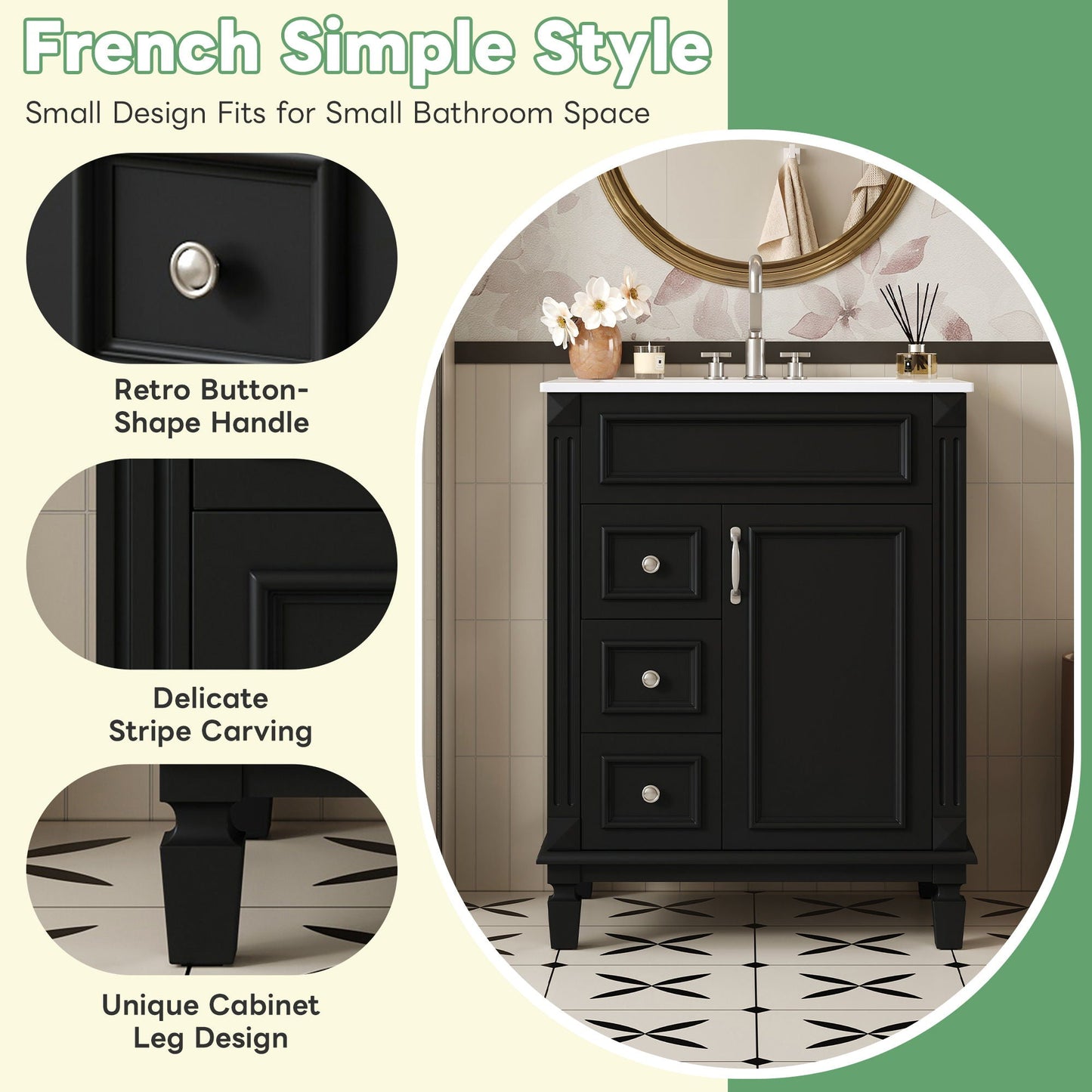 Bathroom Vanity With Sink, Compact Cabinet & 2 Drawers And Adjustable Shelf