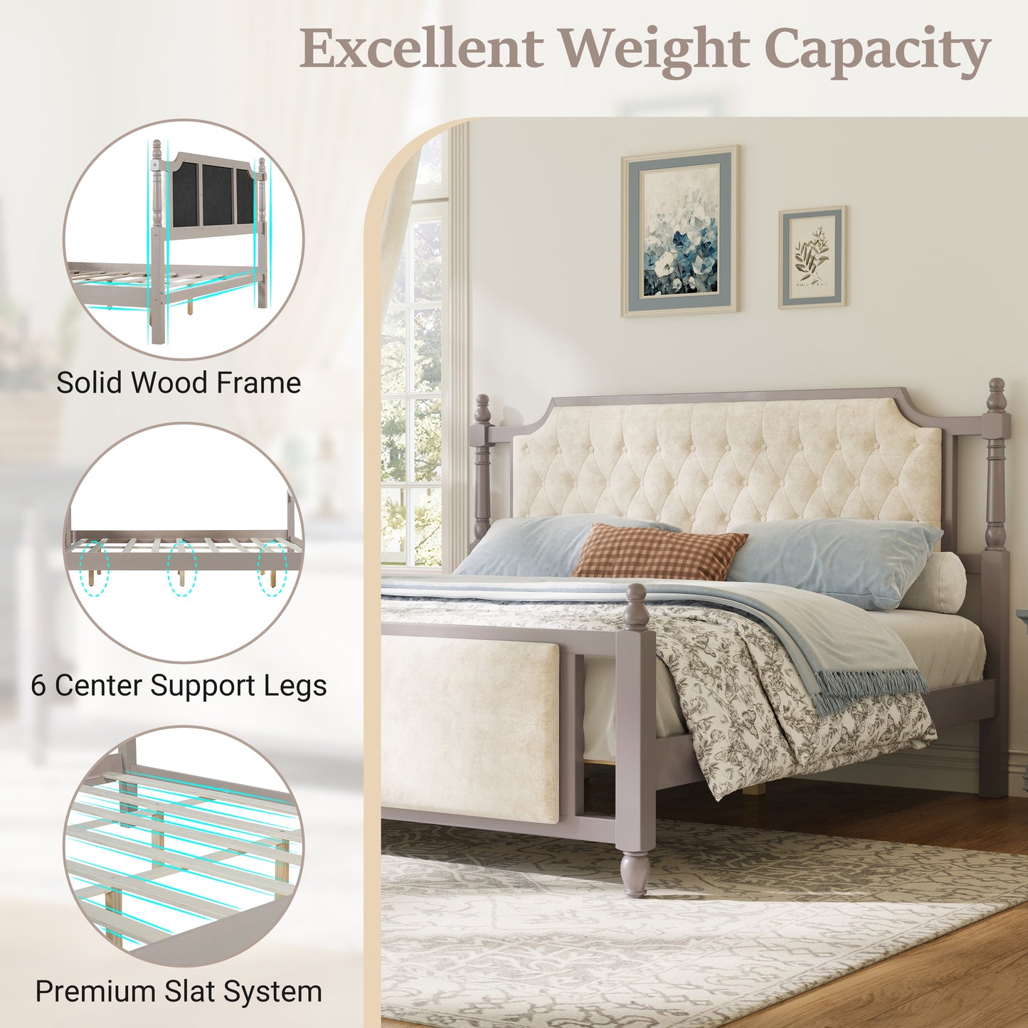 King Size Upholstered Platform Bed with Button Tufted Headboard