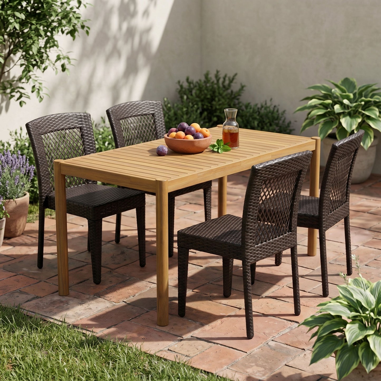 5-Piece Outdoor Dining Set, Acacia Wood Rectangular Patio Table & 4 PE Rattan Iron Frame Dining Chairs