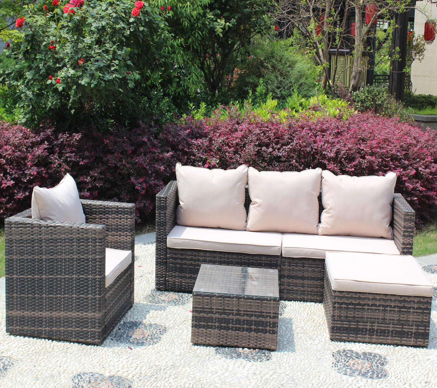 Rattan Patio Furniture Set Wicker Sofa Cushioned Sectional (4 Pieces, Brown)