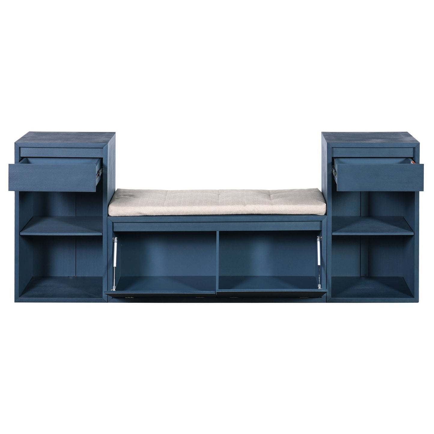 Entryway Storage Bench With Cushion, Drawers & Open Shelves