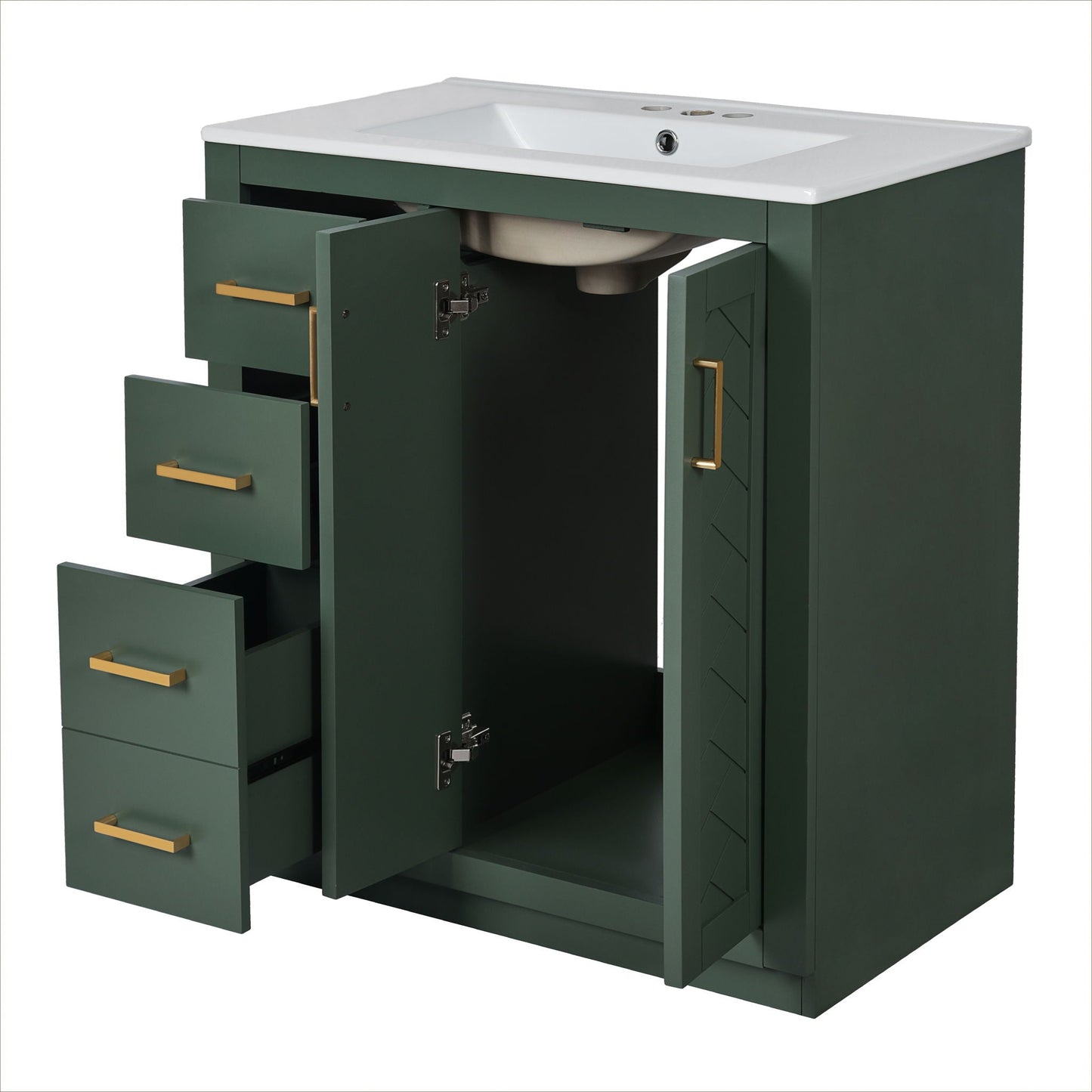 Ceramic Sink Combo, Freestanding Vanity Set With 3 Drawers & Soft Closing Doors
