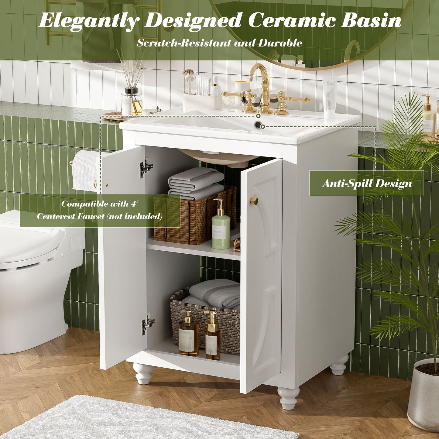 Bathroom Vanity With Ornate Elliptical Motif, Soft Close Hinges