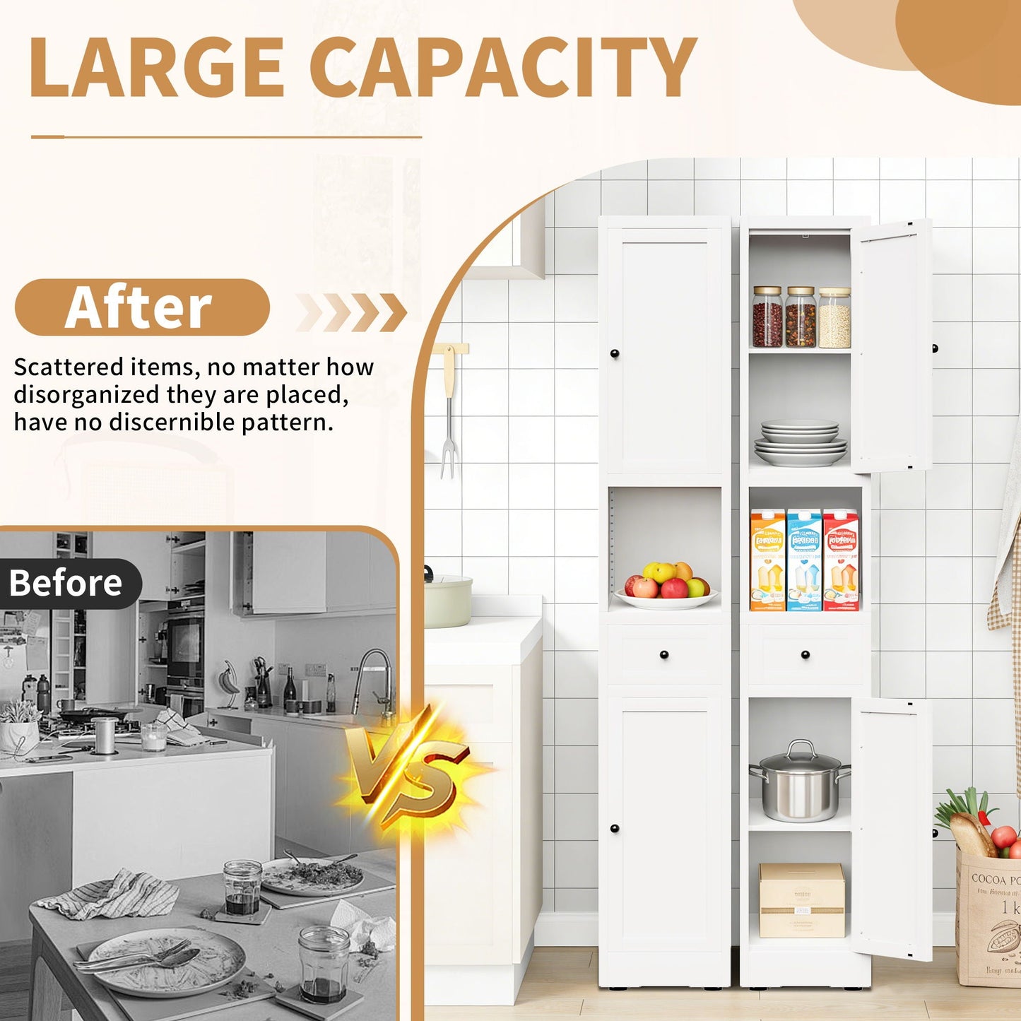 Tall Bathroom Storage Cabinet, 5-Tier Narrow With 2 Doors & Adjustable Shelves, Freestanding - White