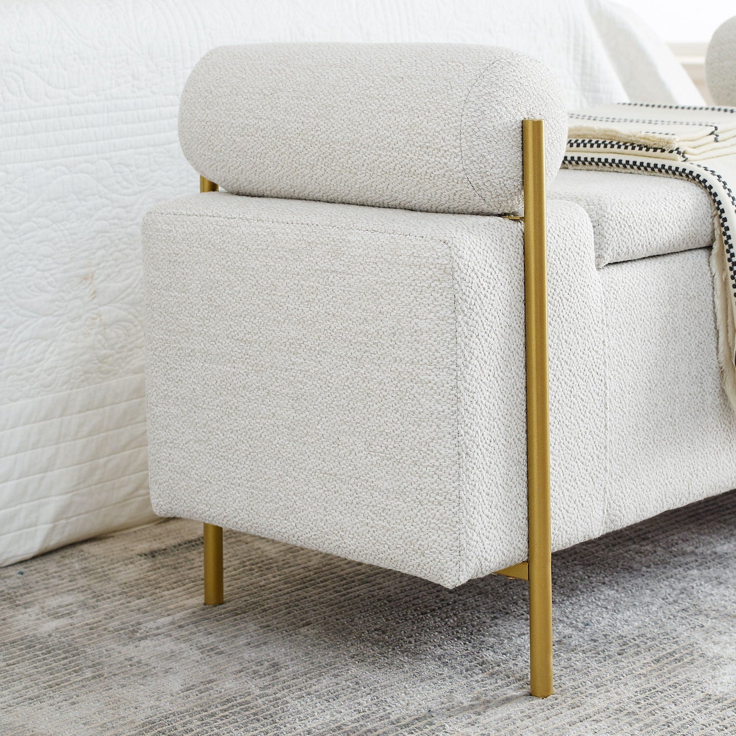 Elegant Upholstered Storage Bench With Cylindrical Arms And Iron Legs,