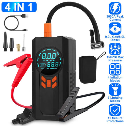 3000A 150PSI 12V Portable Jump Starter with Air Compressor 9.0L Gas/8.0L Diesel Jumper Box with 3 Light Modes Power Bank LCD Display