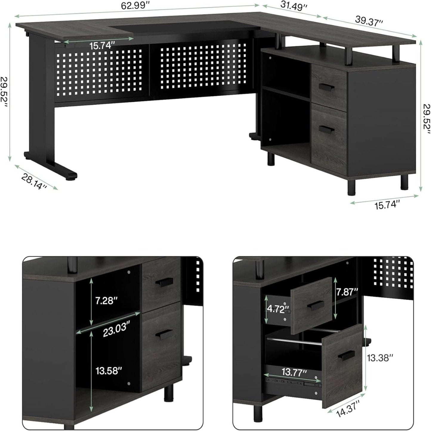 L-Shaped Executive Desk With File Cabinet, Office Workstation With Drawers, Shelves & Storage