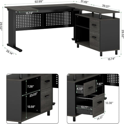 L-Shaped Executive Desk With File Cabinet, Office Workstation With Drawers, Shelves & Storage