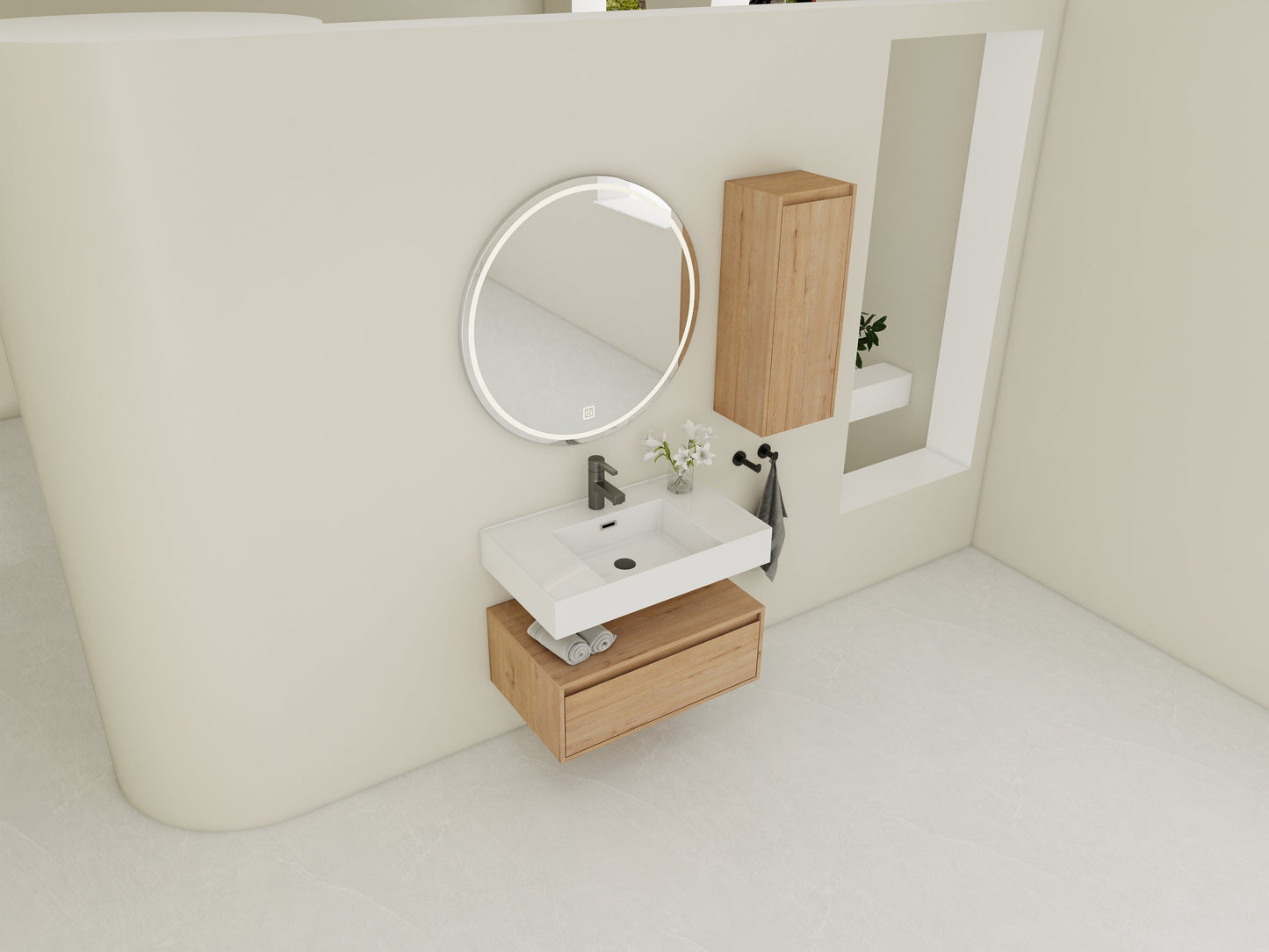 30-Inch Wall-Mounted Bathroom Vanity with Resin Sink and Side Cabinet