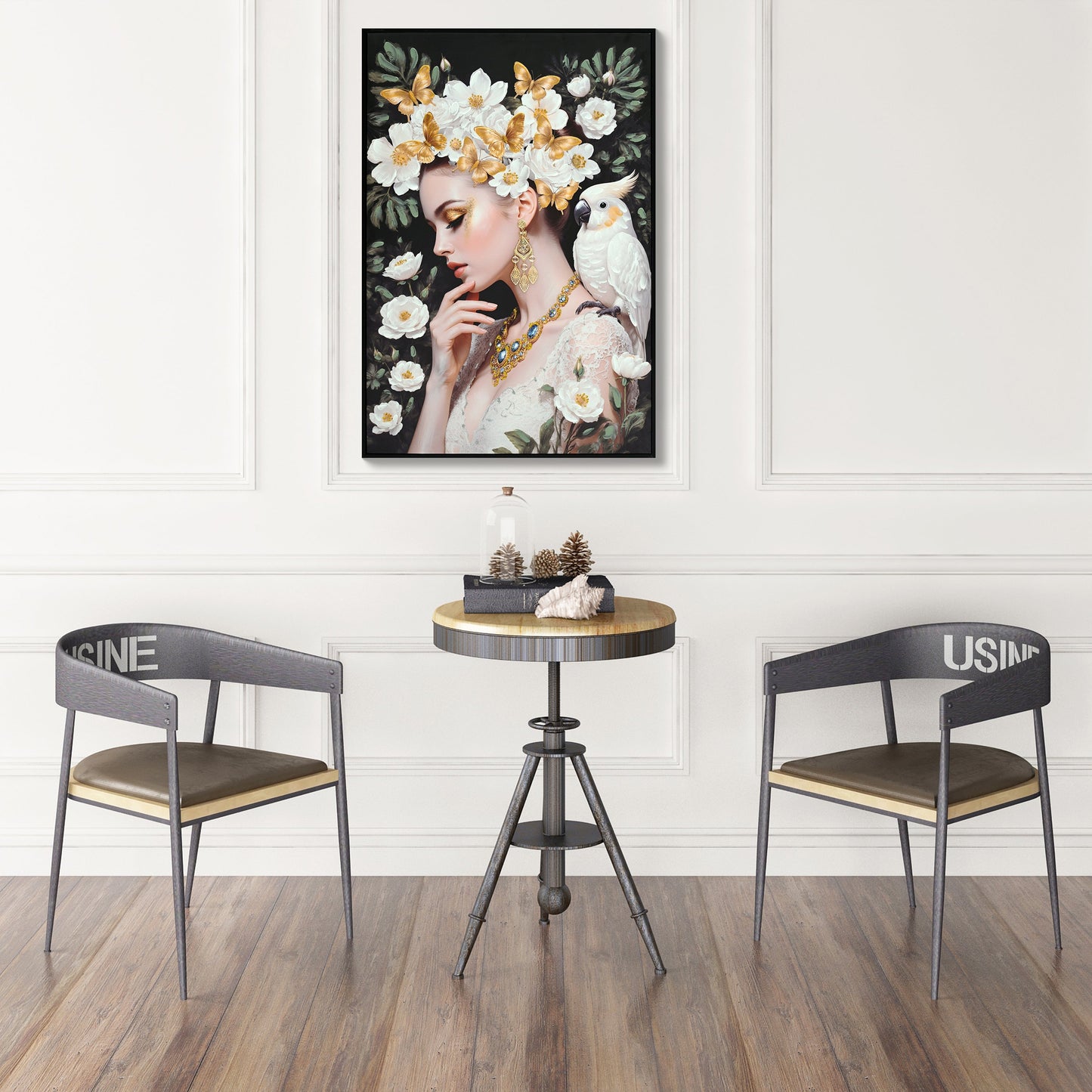 Beauty Lady Wall Art Gold and White Floral Canvas 24x36 Inch