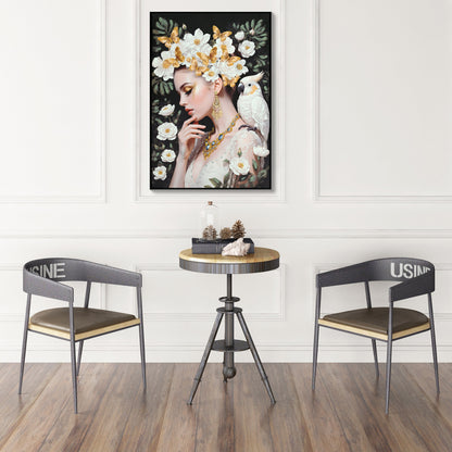 Beauty Lady Wall Art Gold and White Floral Canvas 24x36 Inch