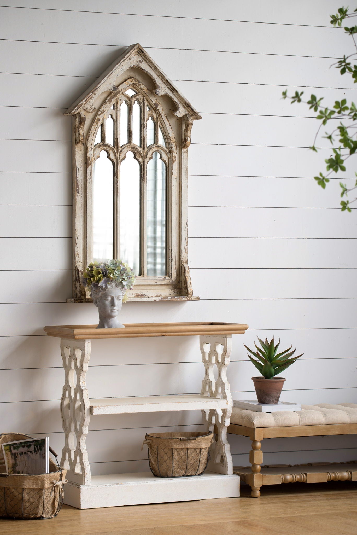 Distressed Wood Shelf Tray, French Country Console Table - Brown / Antique White