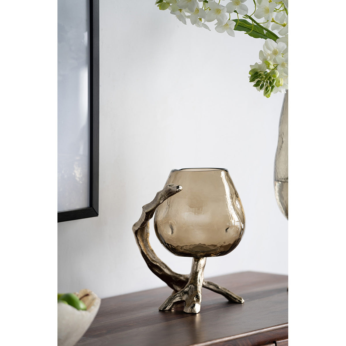 Olive Glass Candle Holder with Gold Metal Legs