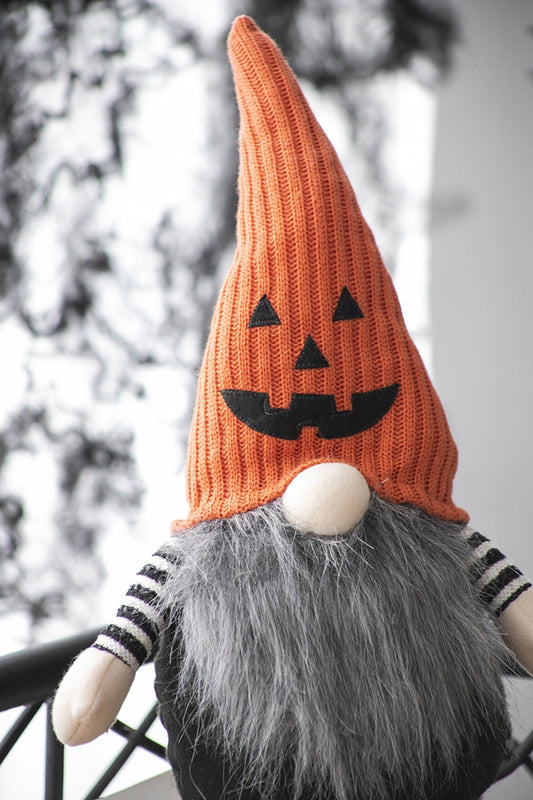 23.5" Seated Jack-O'-Lantern Gnome With Striped Limbs and Faux Fur Beard