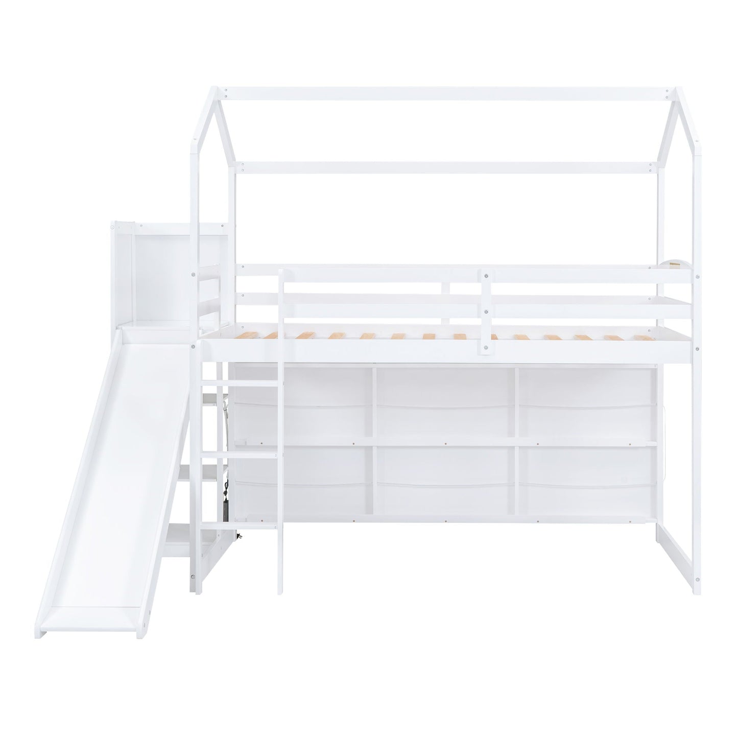 House Loft Bed With Slide, Storage Shelves And Light, Climbing Ramp