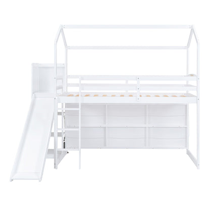 House Loft Bed With Slide, Storage Shelves And Light, Climbing Ramp