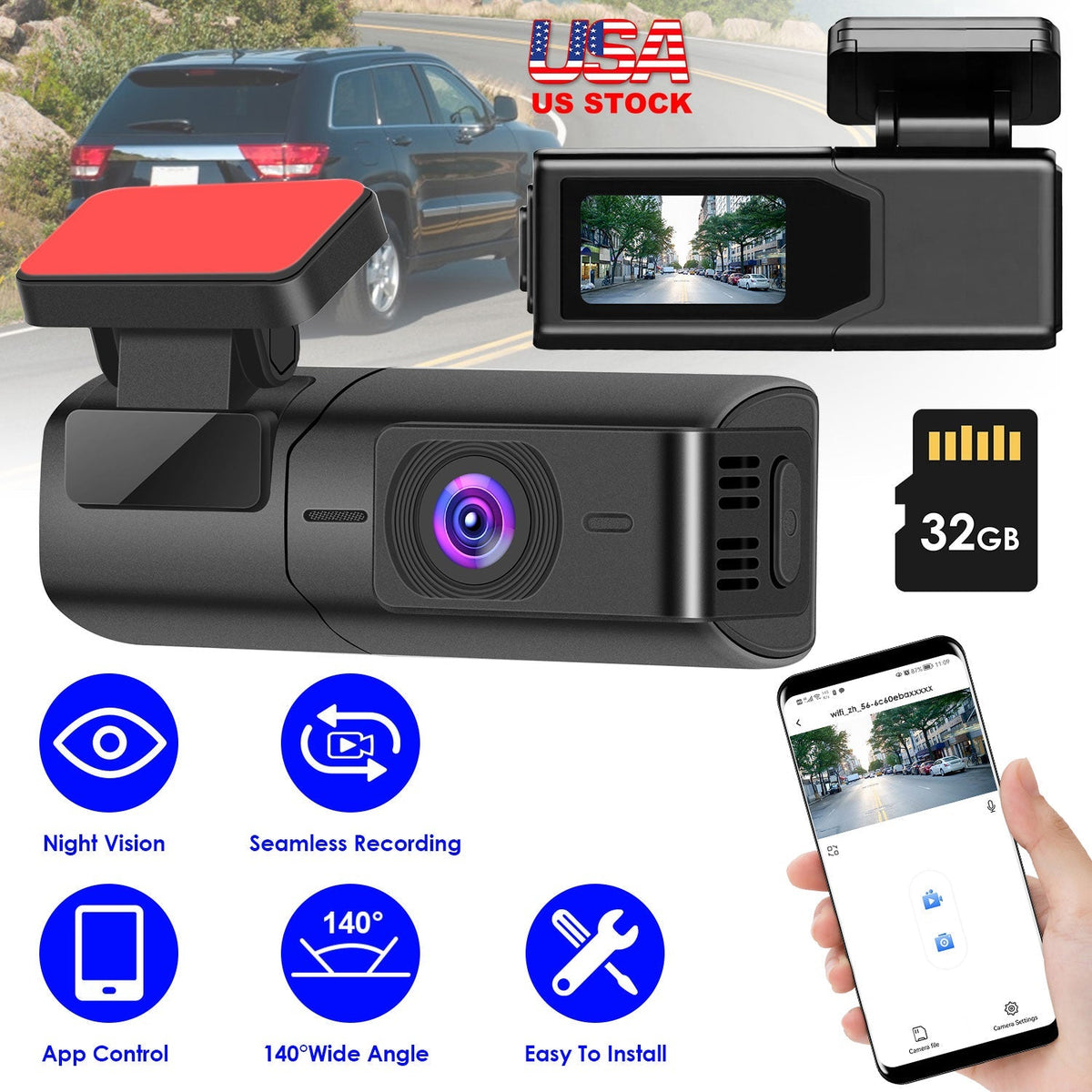 2K HD Front Dash Cam For Car With IPS Screen Night Vision Loop Recording Included 32G Storage Card 140¡ Wide Angle WiFi App Control Front Dashcam