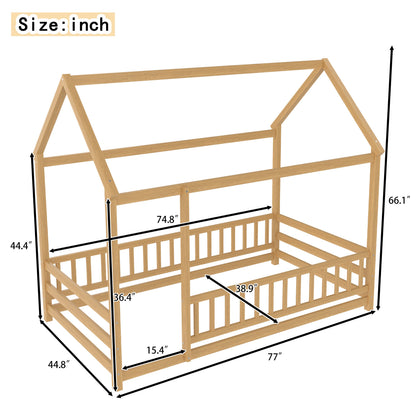Twin Size Floor Wooden Bed with House Roof Frame, Fence Guardrails