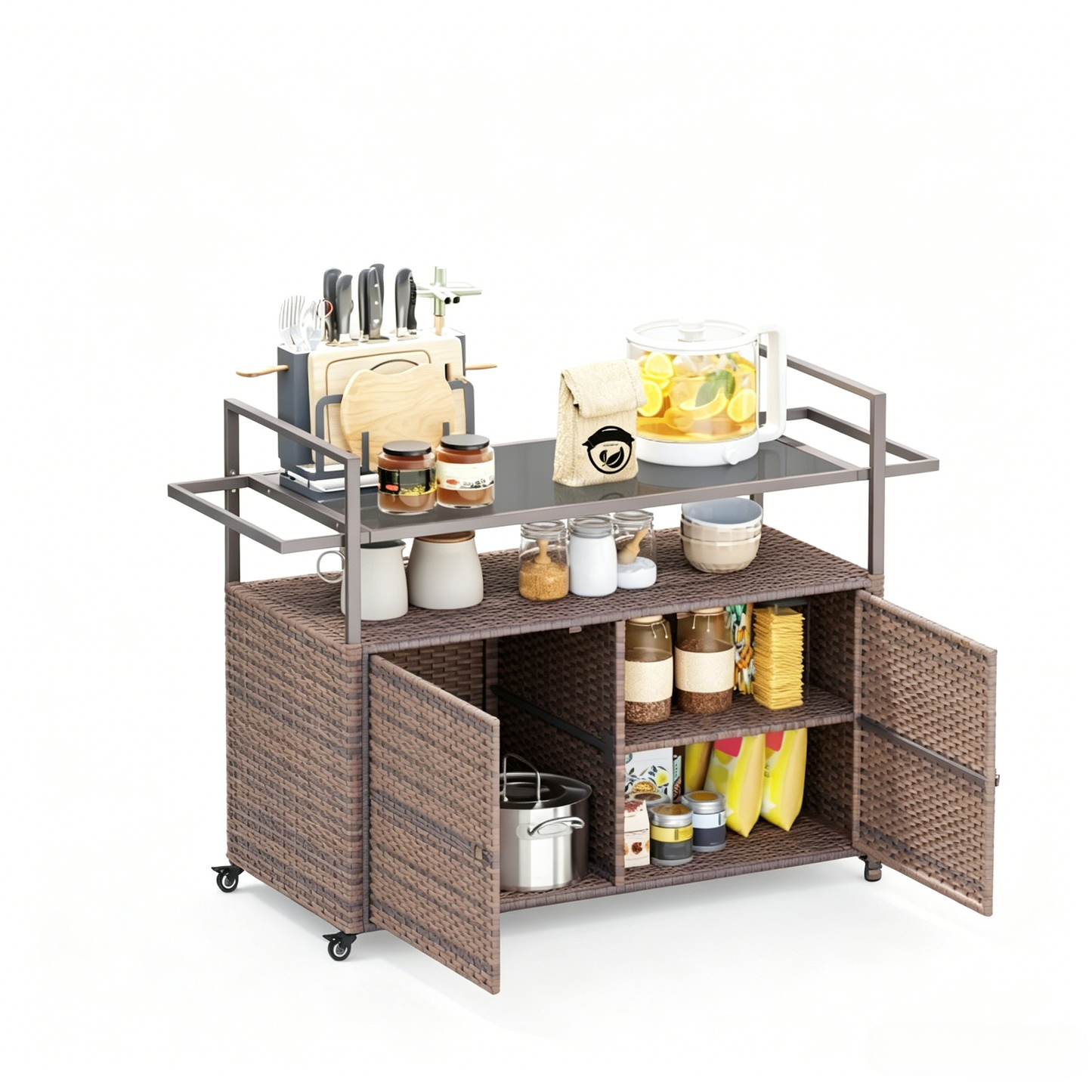 Rattan Storage Cart, Portable Outdoor Serving Cart, Garden Storage Organizer