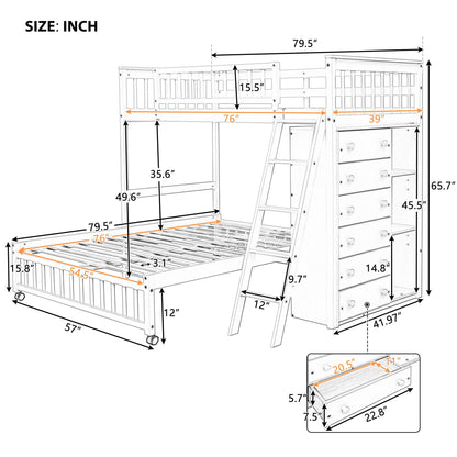 Bunk Bed With 6 Drawers And Flexible Shelves, Bottom Bed With Wheels