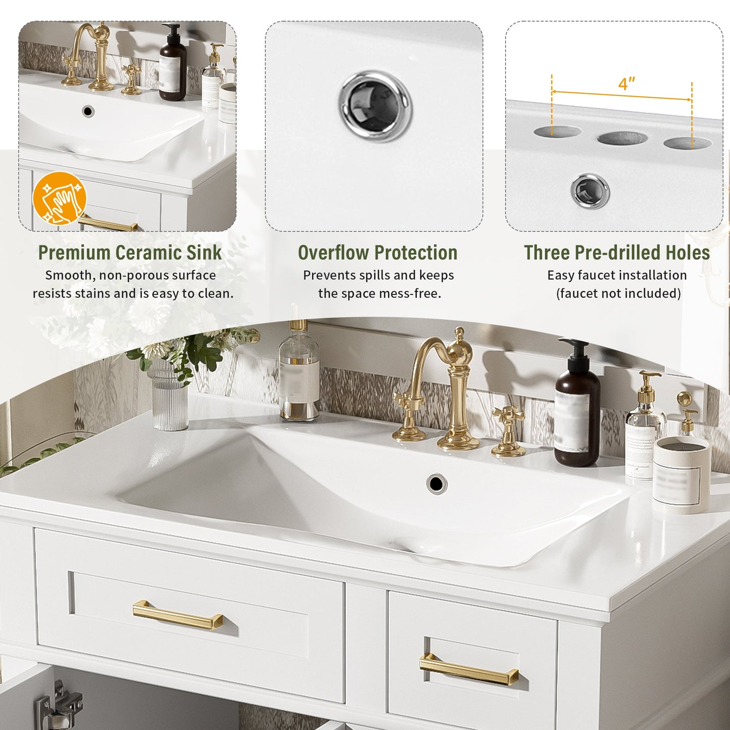 30" Bathroom Vanity with Ceramic Sink and Modern Storage Cabinet