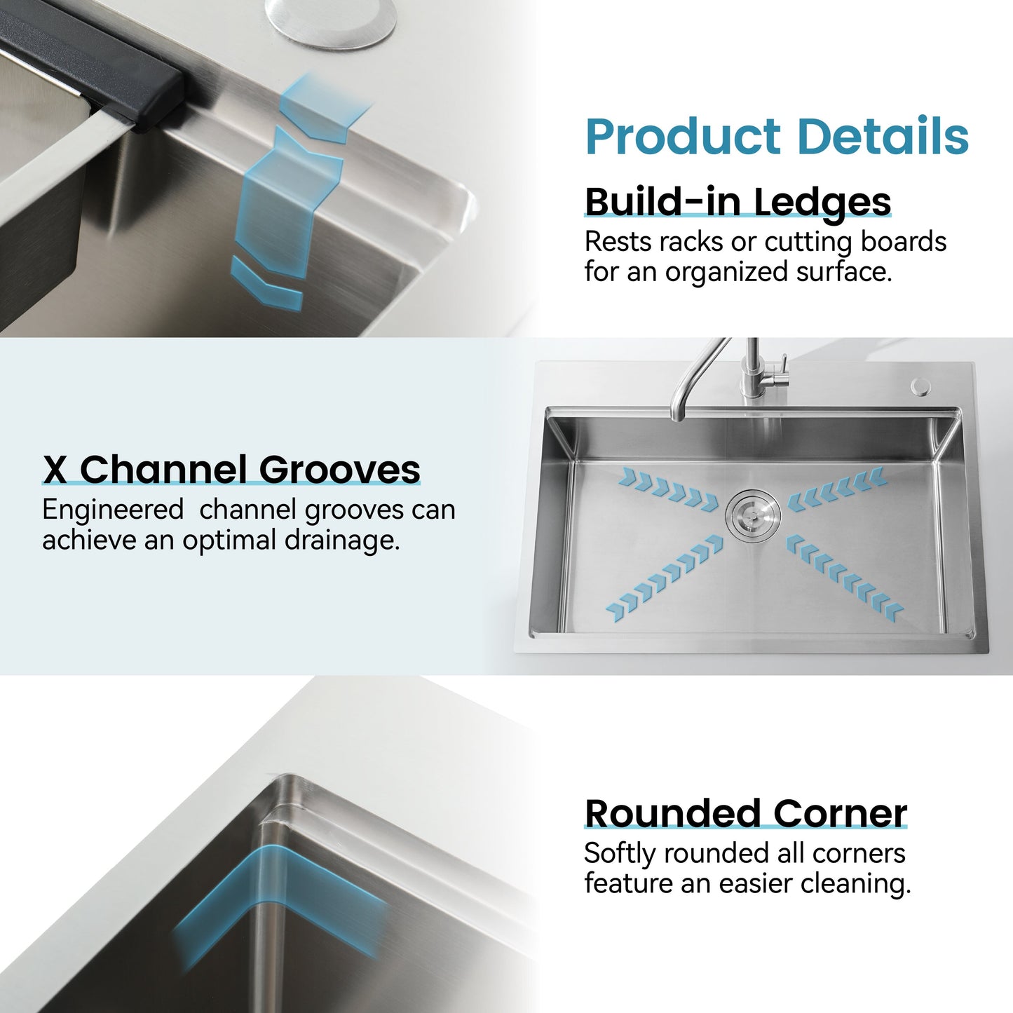 Stainless Steel Kitchen Sink, 36"x22" Single Bowl, Overmount, Brushed