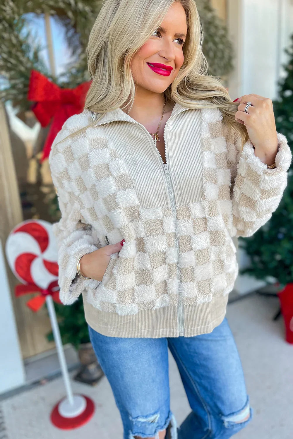 Khaki Checkered Sherpa Jacket | Corduroy Patchwork Zip-Up - Femstylo