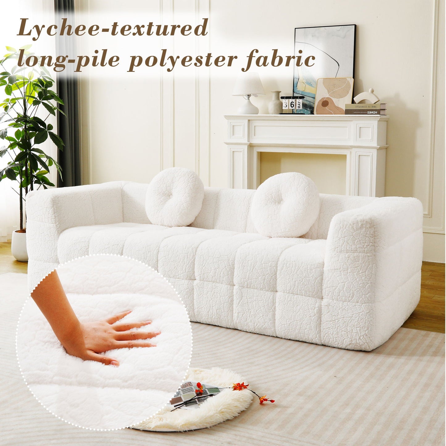 Boneless 3 Seater Sofa With Circular Throw Pillows - Beige