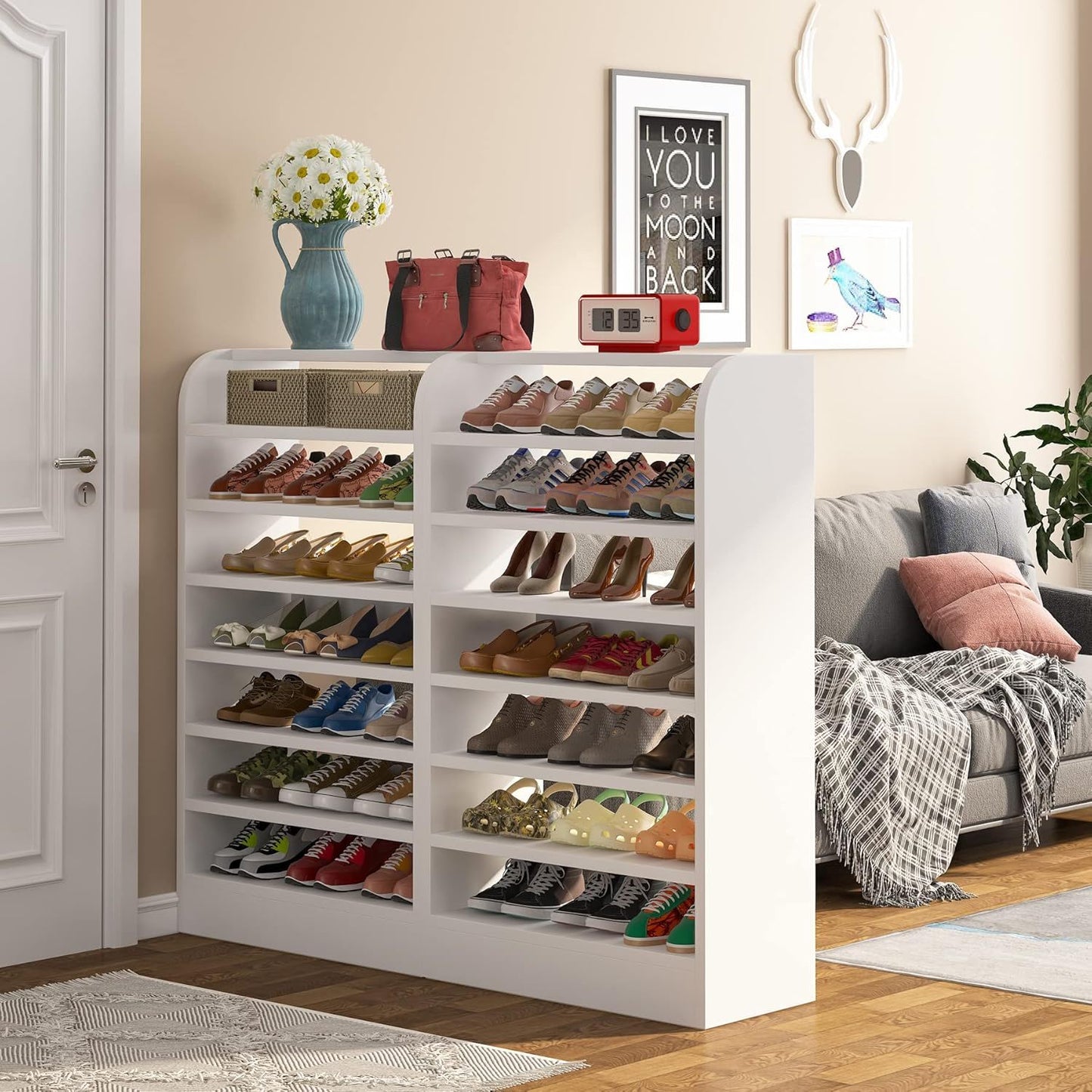 8 Tier Tall Shoe Rack, Wooden Shoe Storage Cabinet, Entryway Organizer - White