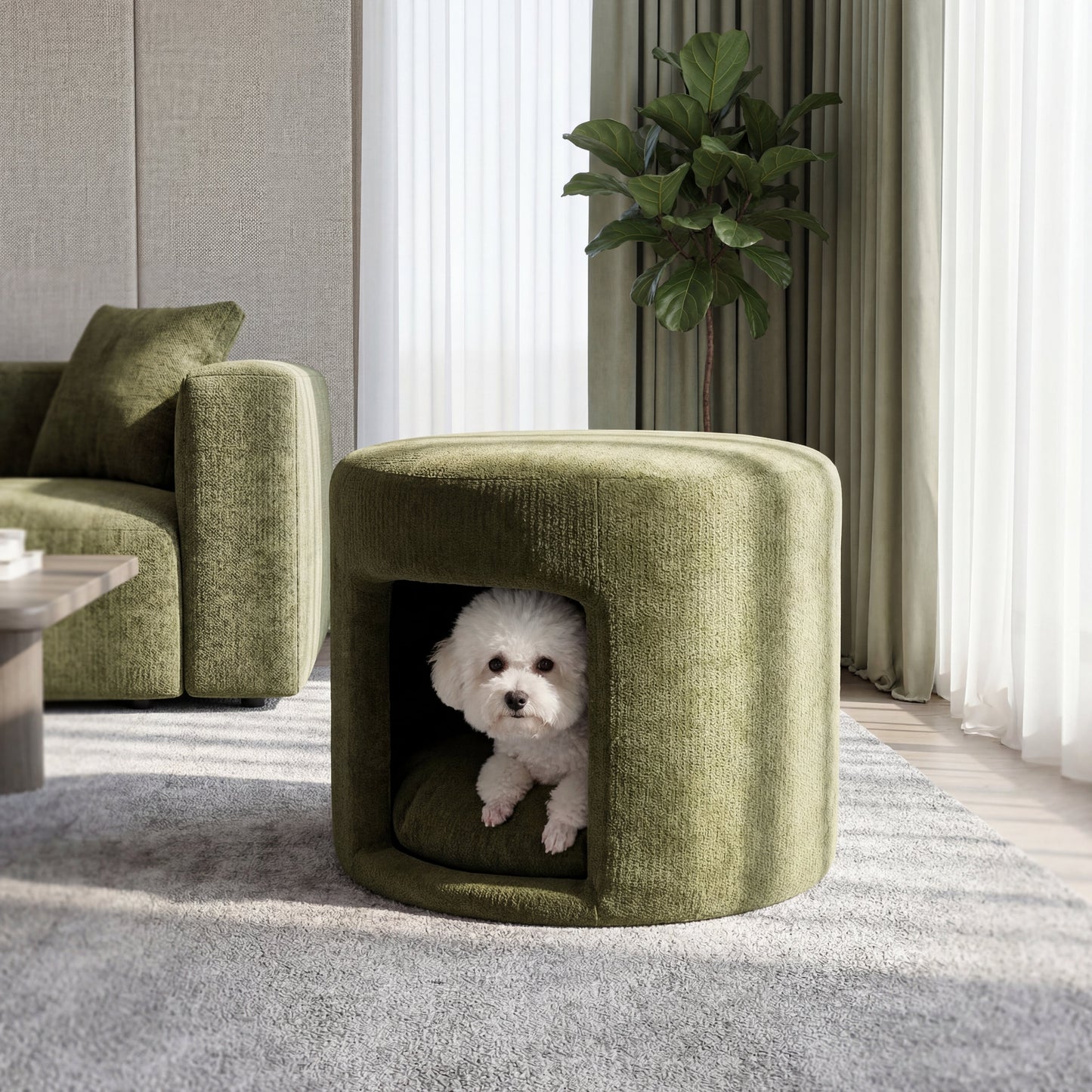 Green Pet Friendly Ottoman with Removable Pet Cushion and Hidden Pet Nook