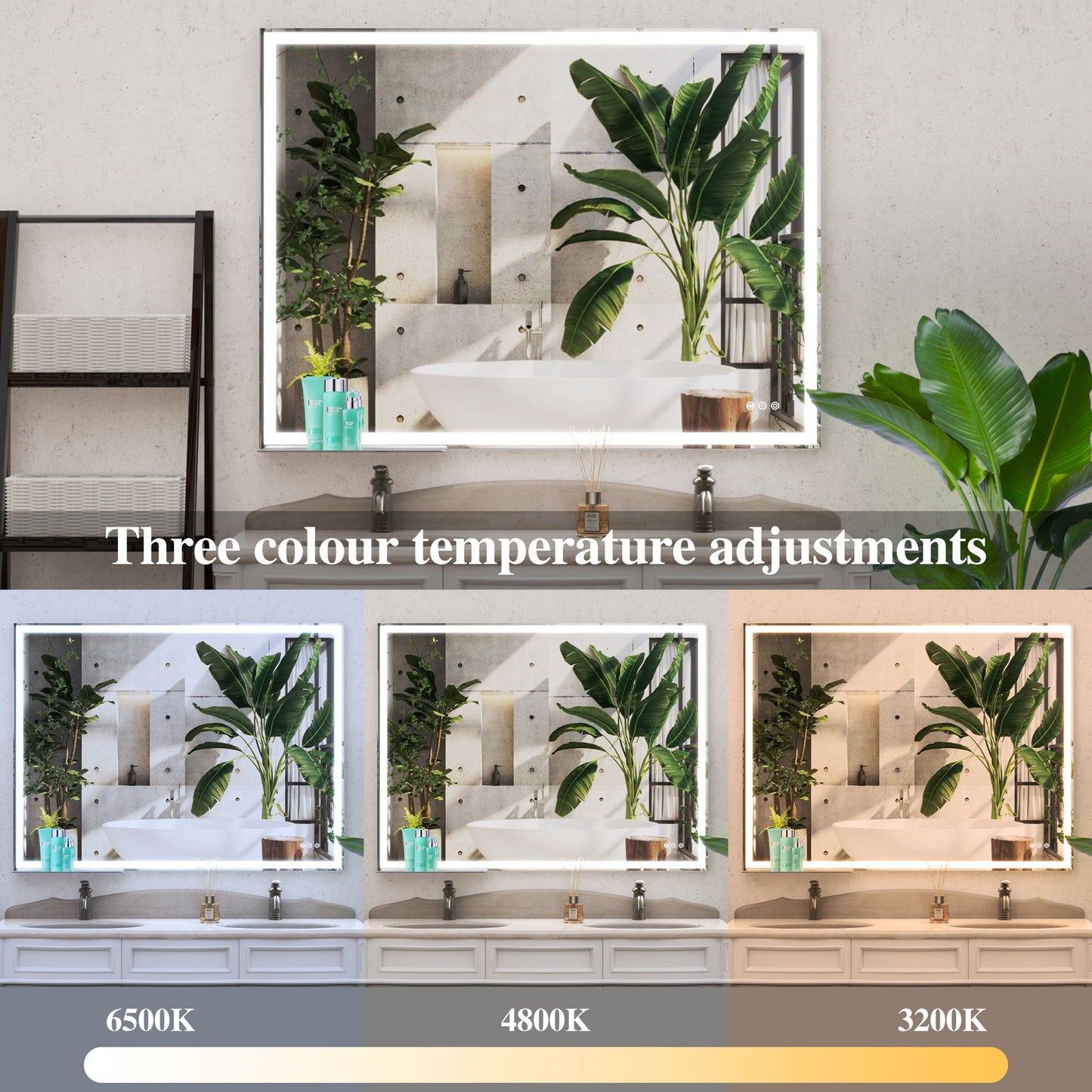 LED Bathroom Vanity Mirror Wall Mounted Adjustable / Warm / Natural Lights Anti-Fog Touch Switch With Memory Modern Smart Large Bathroom Mirrors