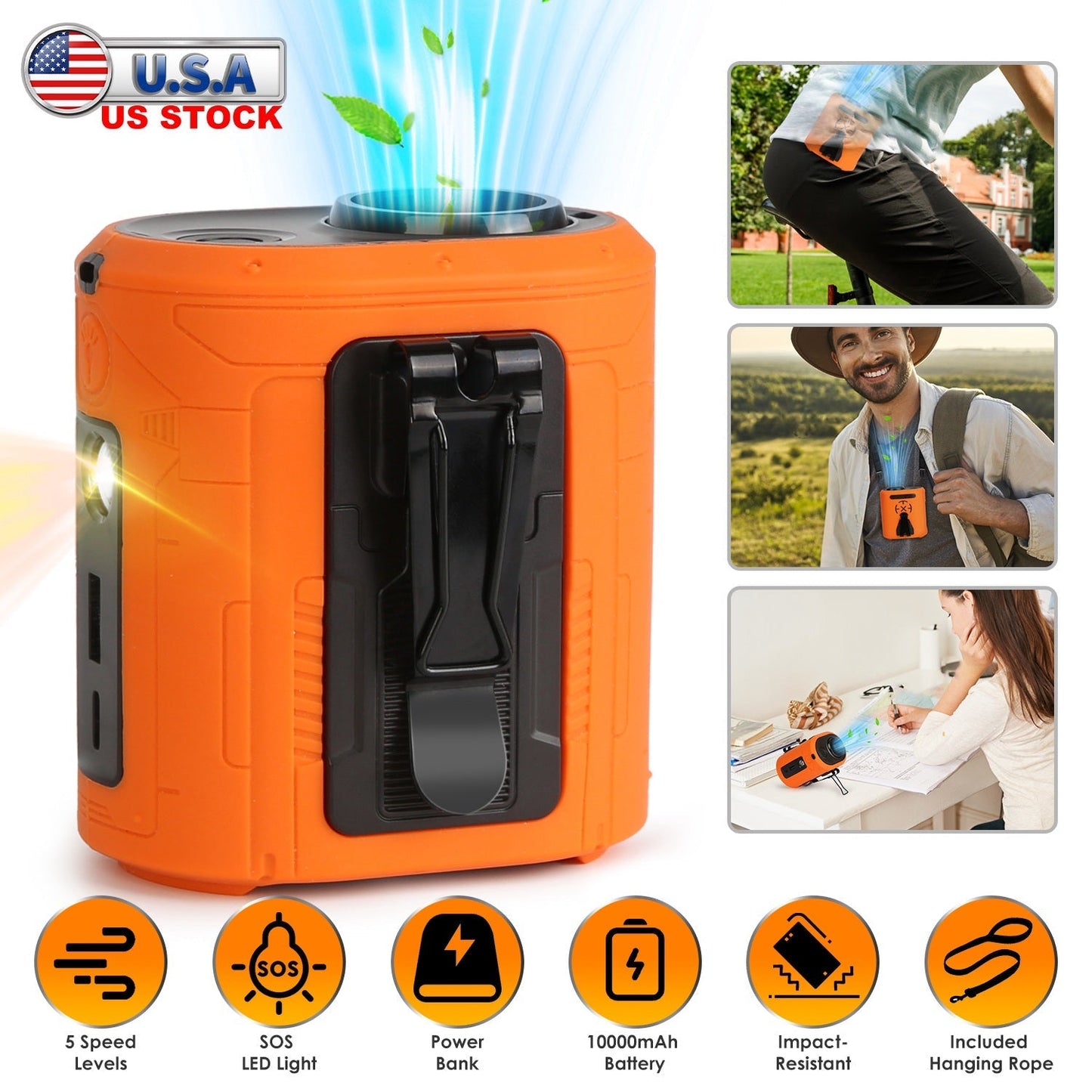 5 In 1 Portable Waist Clip Fan With 5 Speeds Flashlight 10000mAh Battery Operated Personal Wearable Turbo Belt Fan Hands-Free Neck Fan For Camping Tra