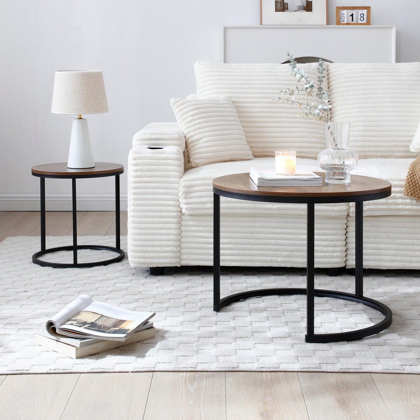 Set of 2 Nesting Round End Tables with Metal Frame