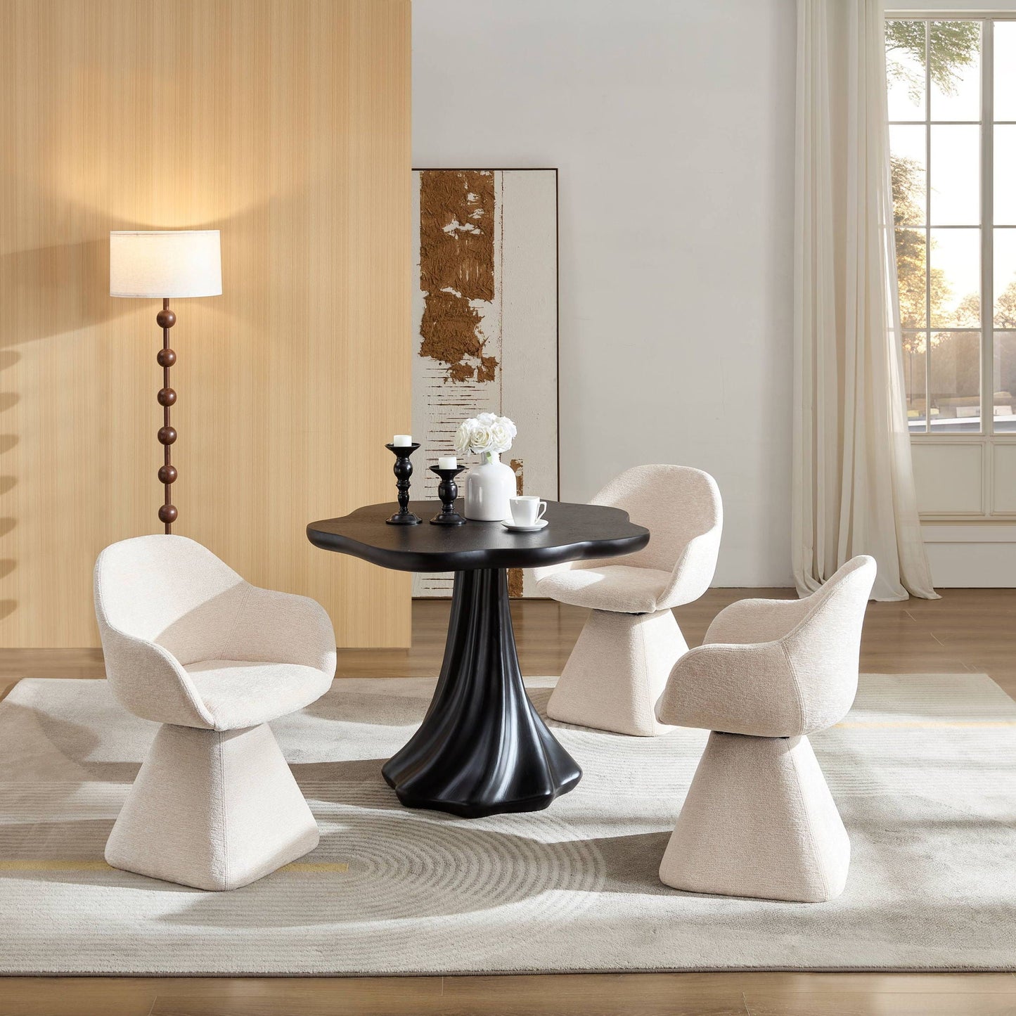 Sculptural Round Dining Table Petal Shape Root Texture For Dining Room - Black