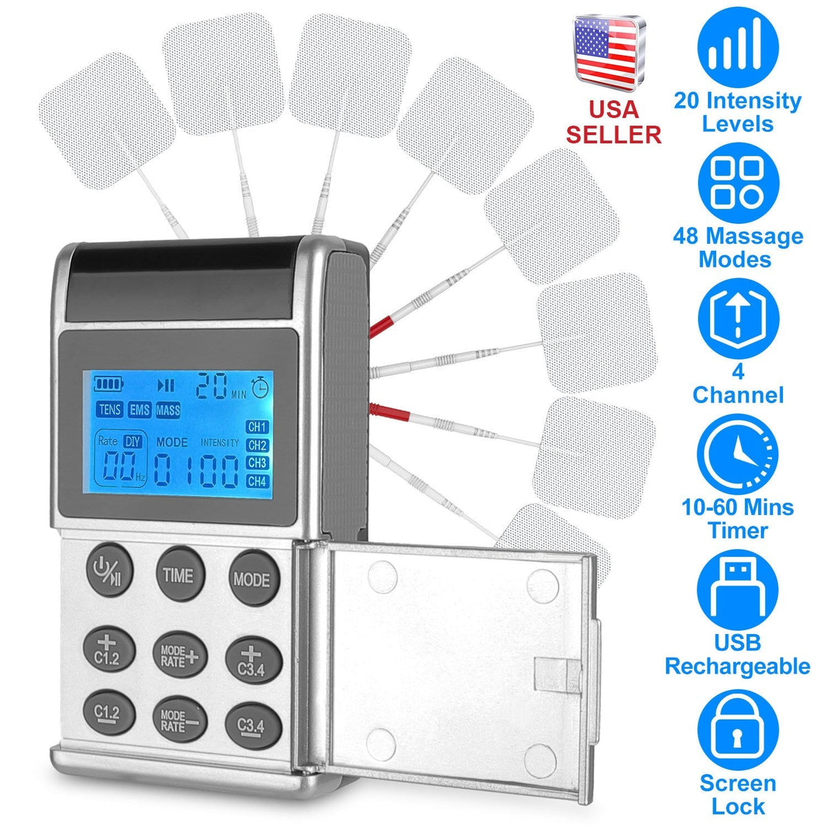 4 Channel TENS Unit Muscle Stimulator Rechargeable Digital TENS Muscle Massager with 48 Modes 20 Intensity Levels 8 Pads Timer