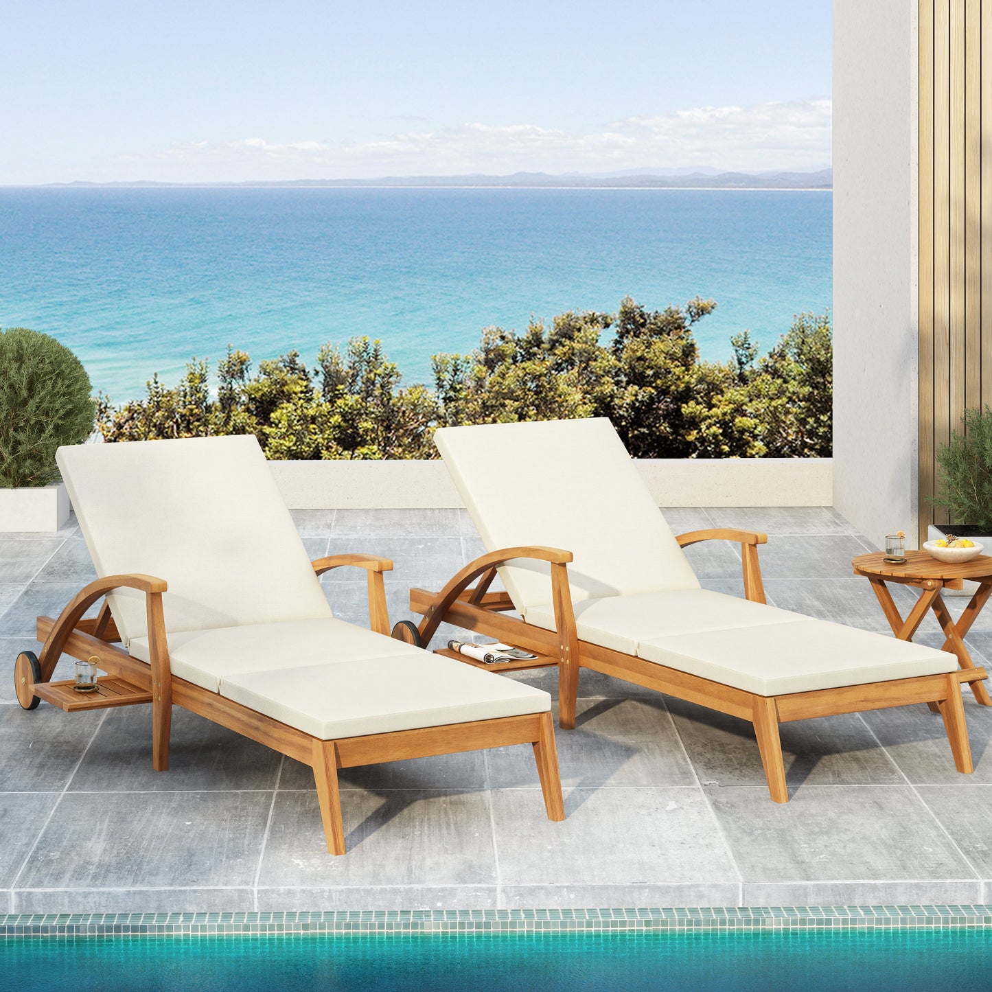 Outdoor Recliner Side Table Set with Acacia Wood and Adjustable Chaise Lounge