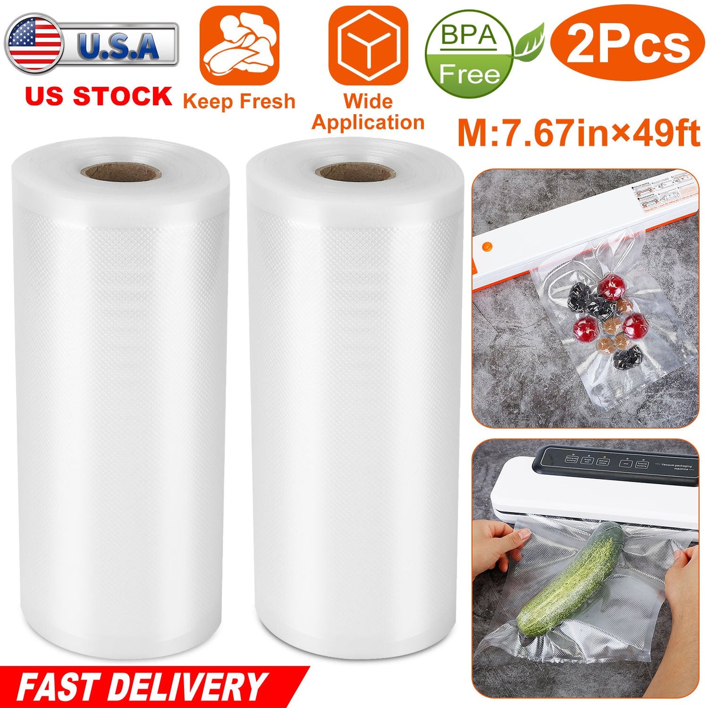 2 Rolls of Vacuum Sealer Bags 10.82inx49ft BPA Free Safe Vacuum Bags Keep Fresh Vacuum Machine (L)