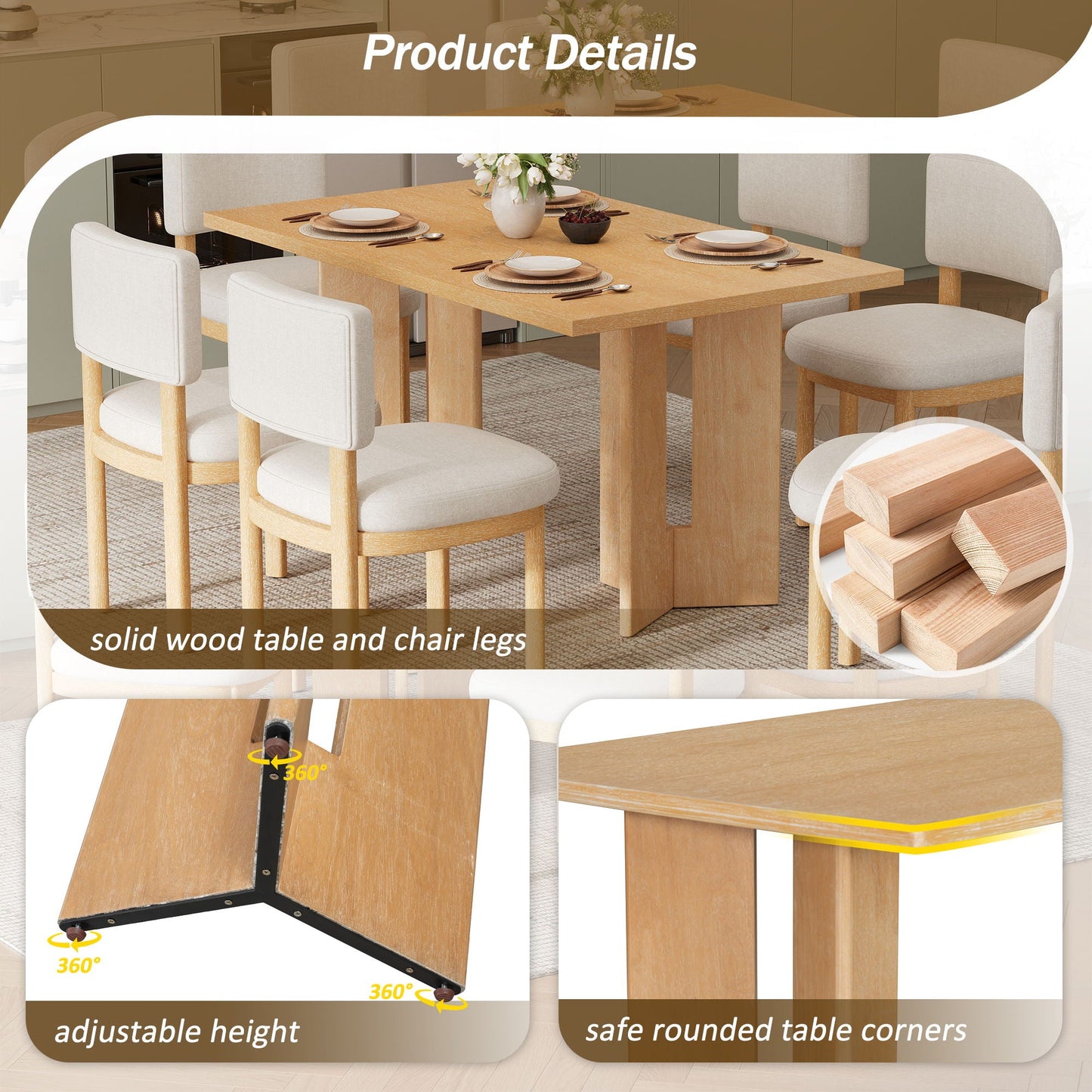 Dining Table Set With 6 Upholstered Chairs, Rectangular Table With Cutout Legs