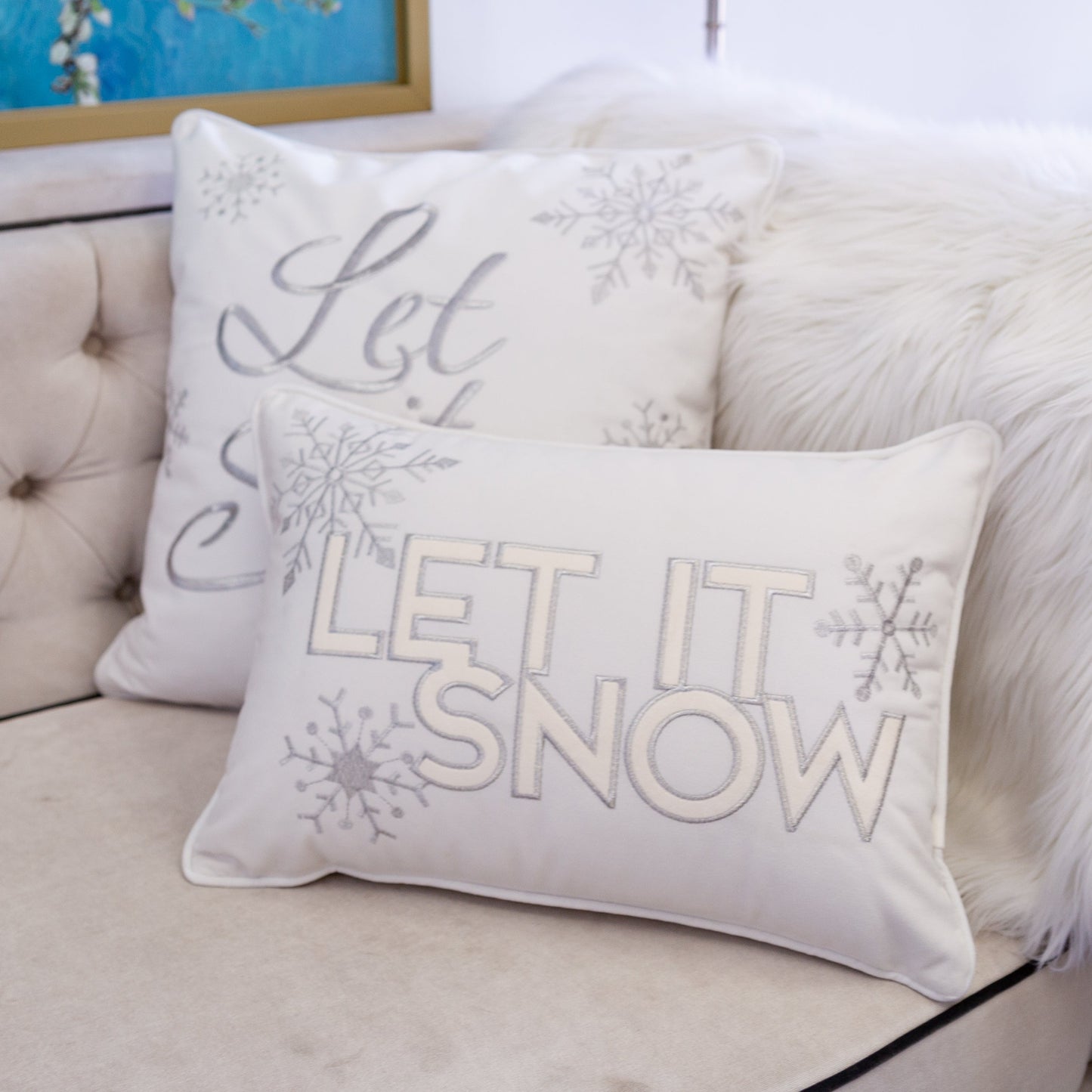 Nneka Let It Snow Ivory Velvet Lumbar Pillow with Insert 14x20