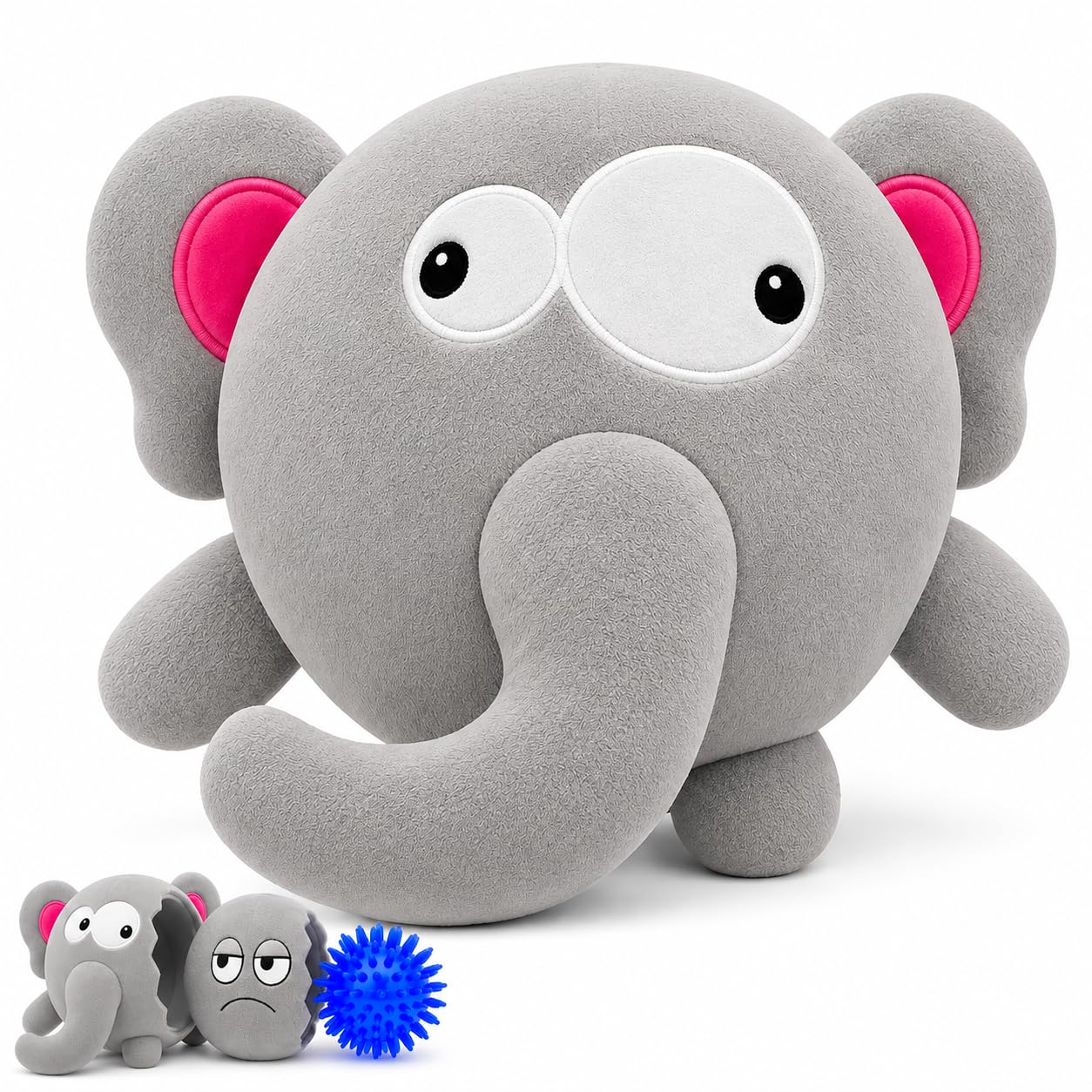 Dog Toy For Aggressive Chewers  No Stuffing Crinkle Plush 3-in-1 Elephant , Durable Squeaky Bouncy Chew Ball Cleans Teeth, Power Chewer Puppy Teething Medium Large Breed Gift