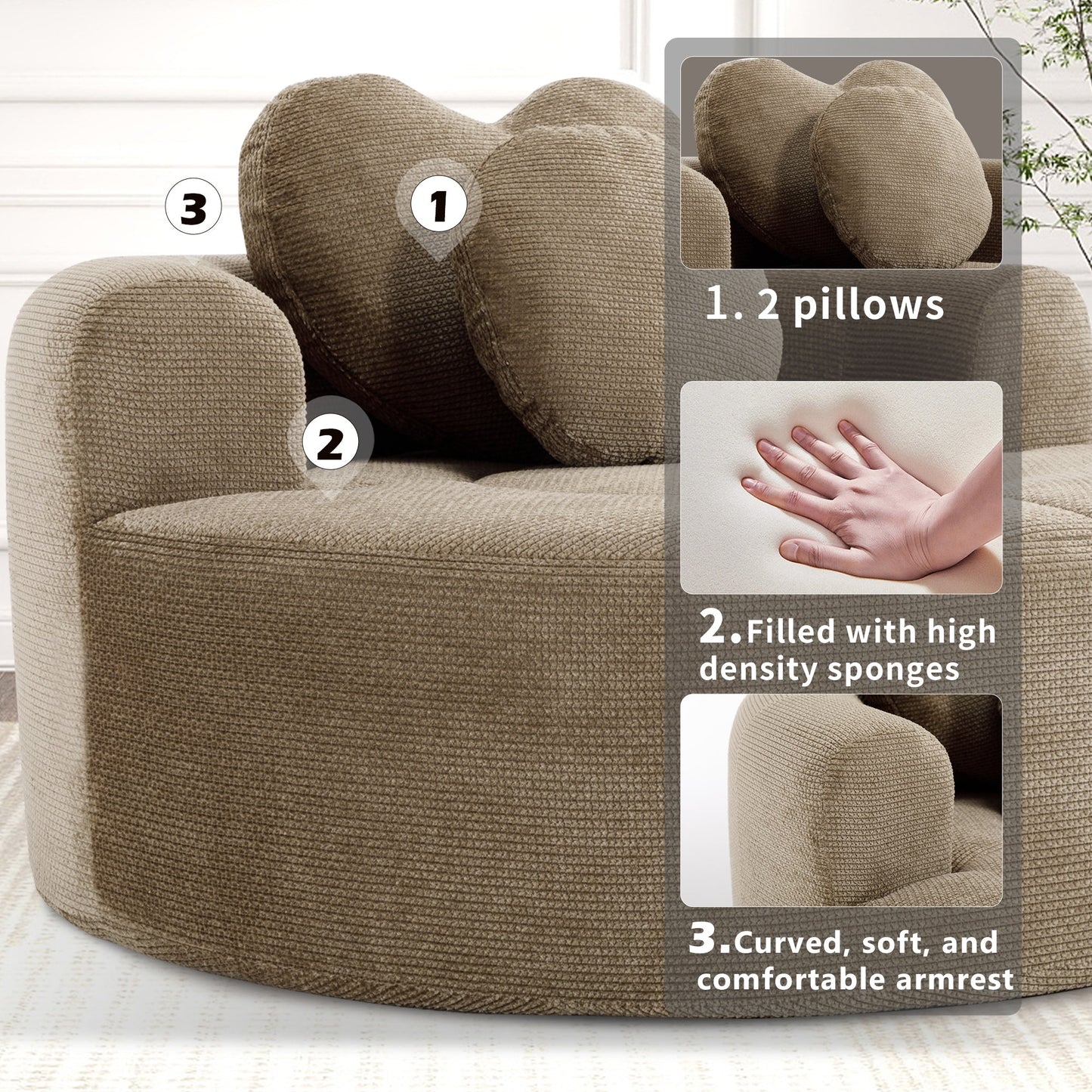 Round Sofa Bed with Memory Foam Sectional Couch for Living Room