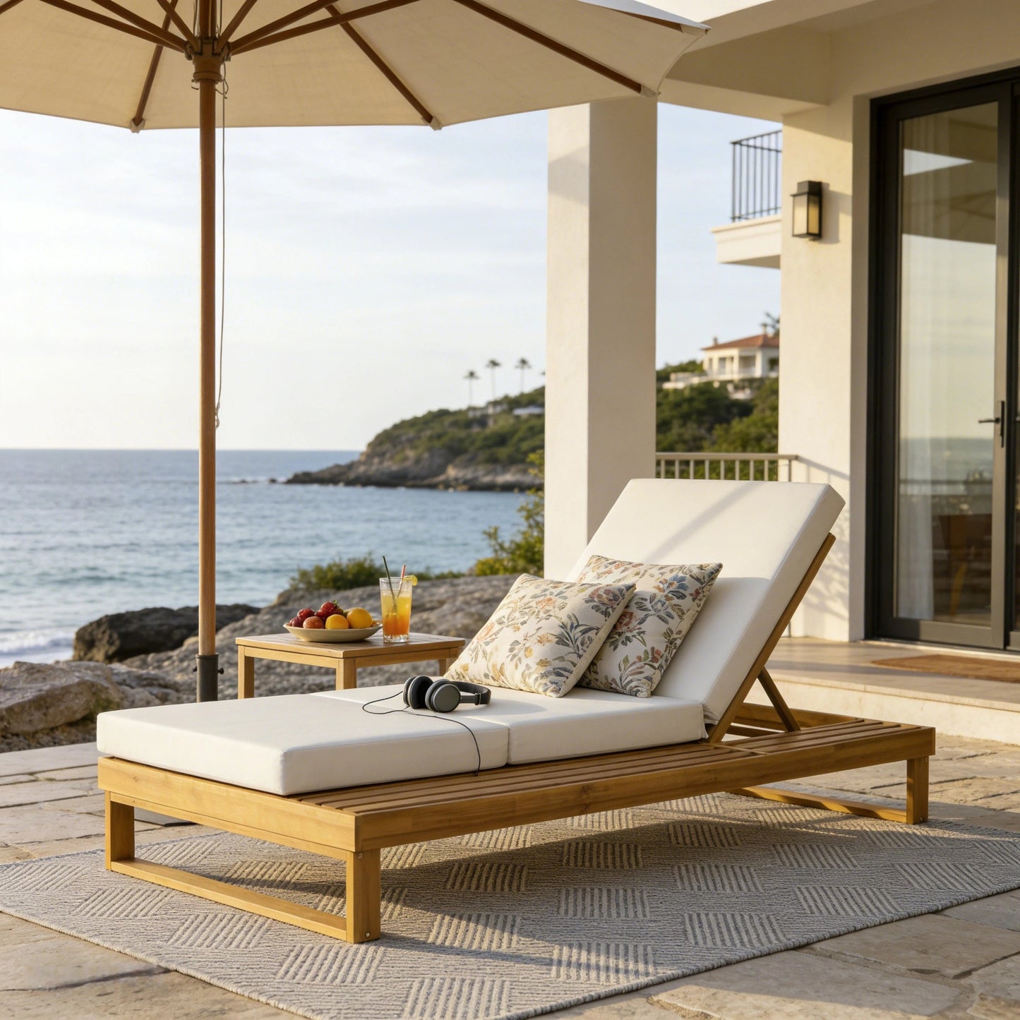 Teak Finish Acacia Wood Chaise Lounge with 4-Inch Cushion