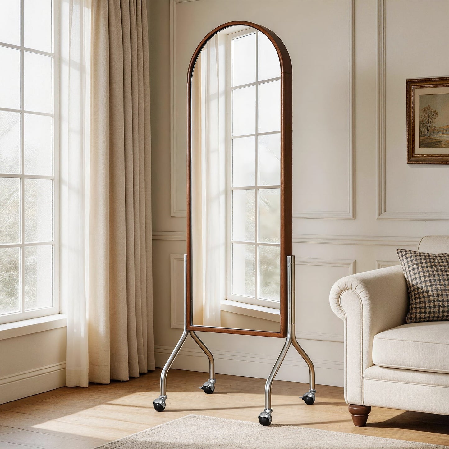 Arched Full Length Mirror with Storage Shelves & Wheels