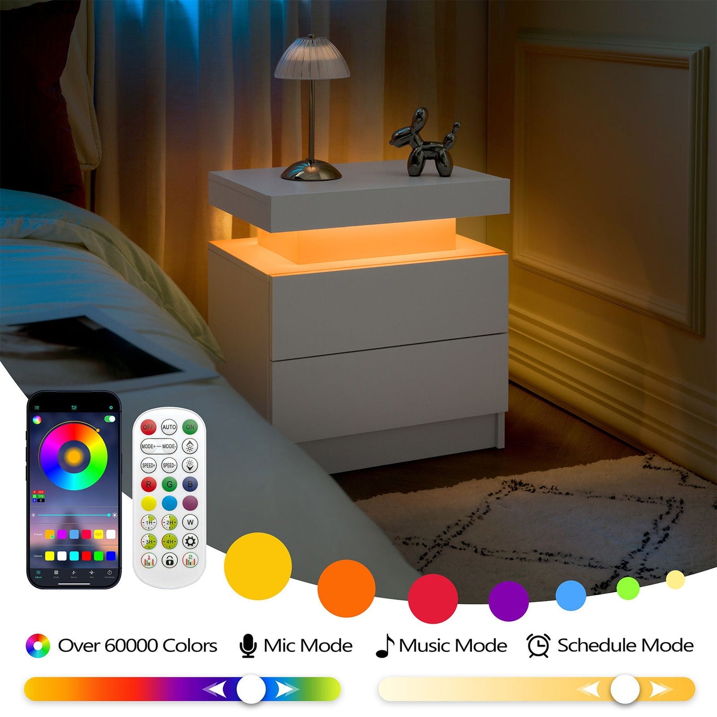 Modern LED Bedside Table Cabinet With Adjustable Lights And 2 Drawers - White