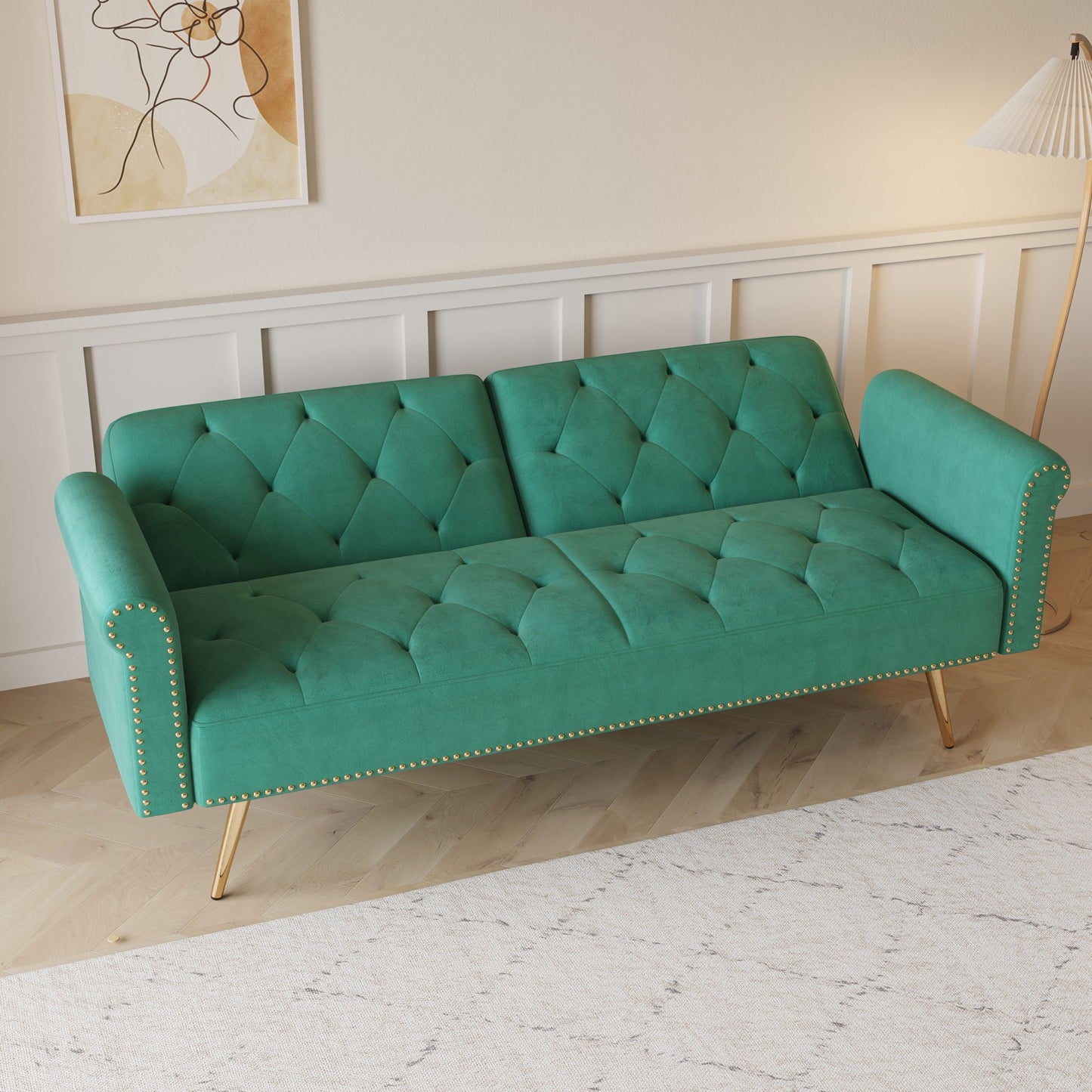 Luxurious Sofa Bed With Nail Head Trim And Matching Pillow