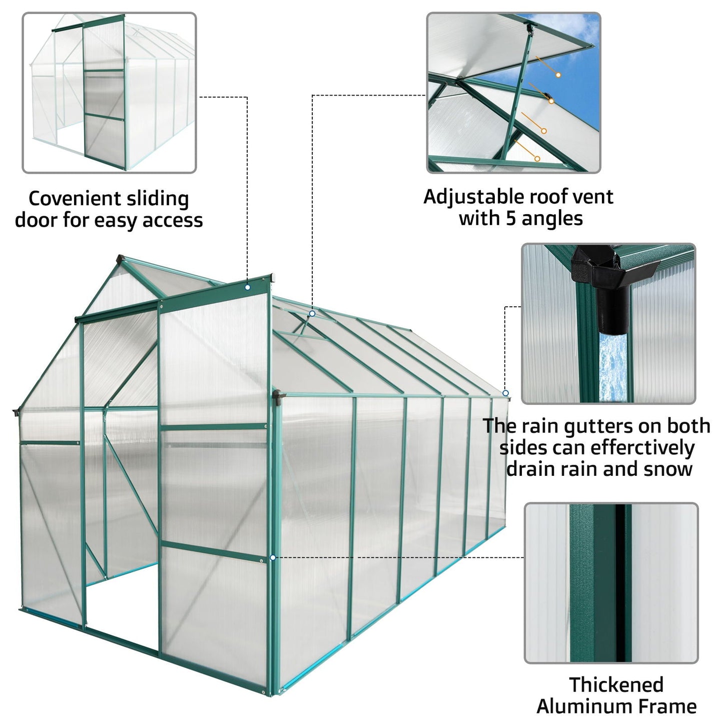 Polycarbonate house Raised Base And Anchor Aluminum Heavy Duty Walk-In houses For Outdoor Backyard In All Season