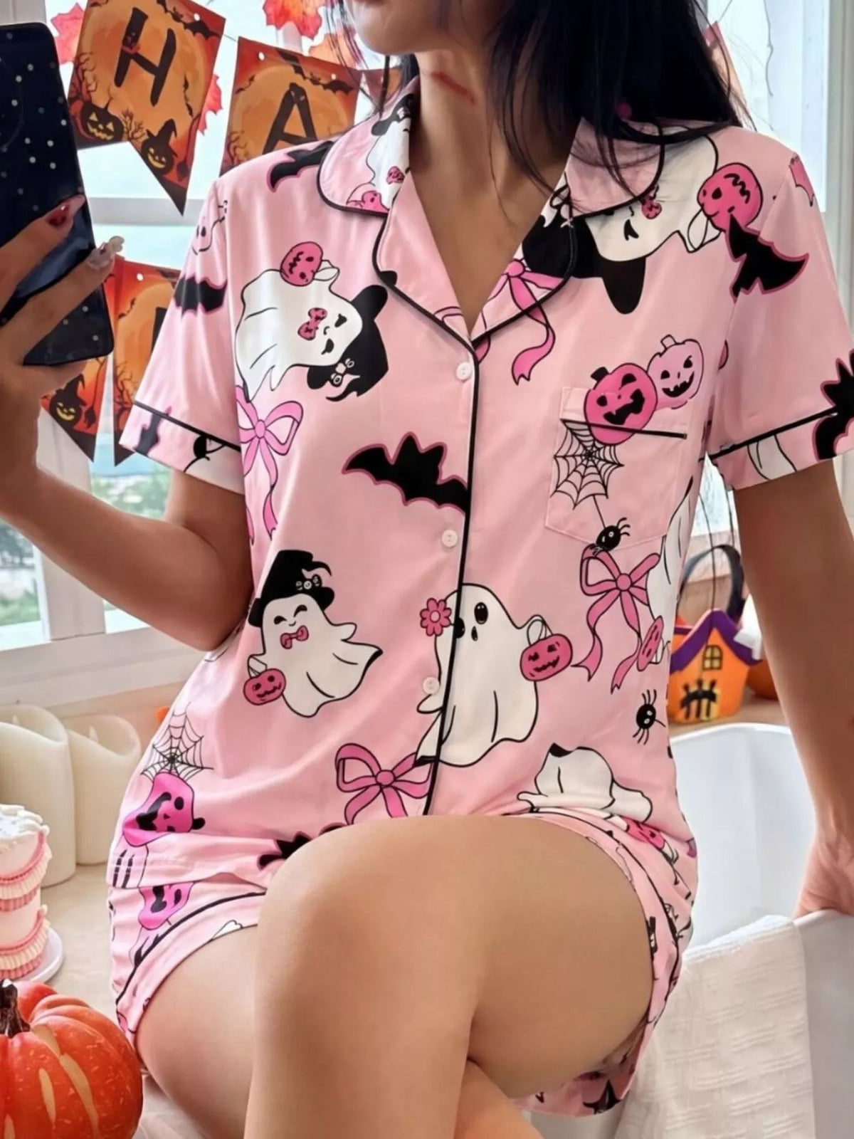 Halloween Ghost Print Button-Down Top and Shorts Lounge Set