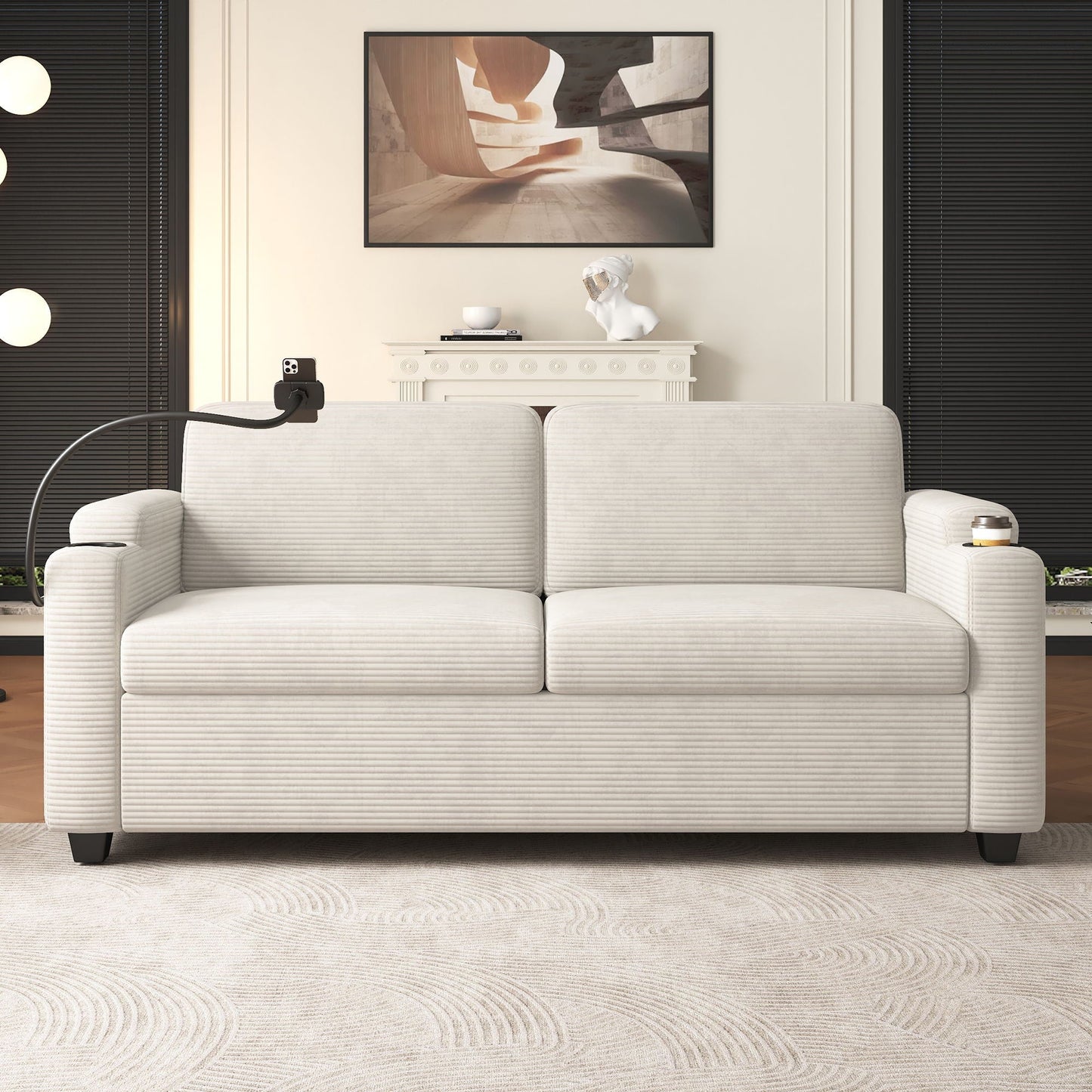Sleeper Sofa Loveseat Sofa With Full Size Mattress, 2 USB Ports, 2 Cup Holders, 2 Side Pockets And Phone Holder